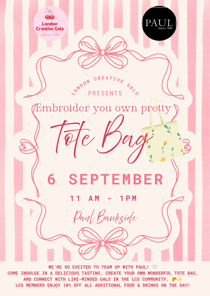Embroider your own tote bag, sip & meet new friends!
