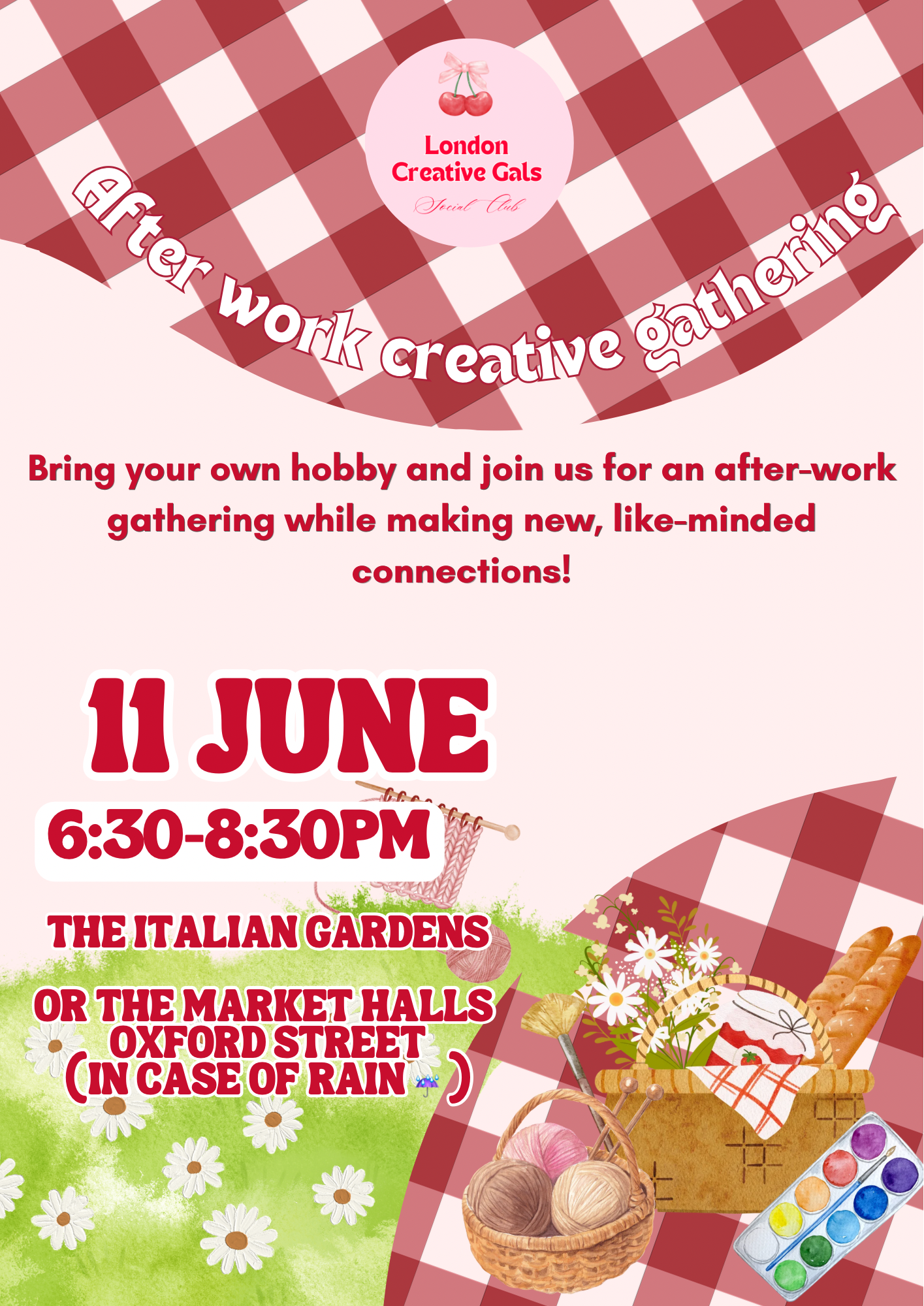 After work creative picnic or indoor drinks and chat: bring your own hobby, & have fun with us!