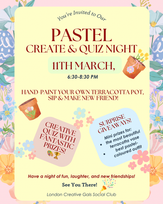 PASTEL CREATE & QUIZ NIGHT: Hand painted terracotta pot, sip and chat!