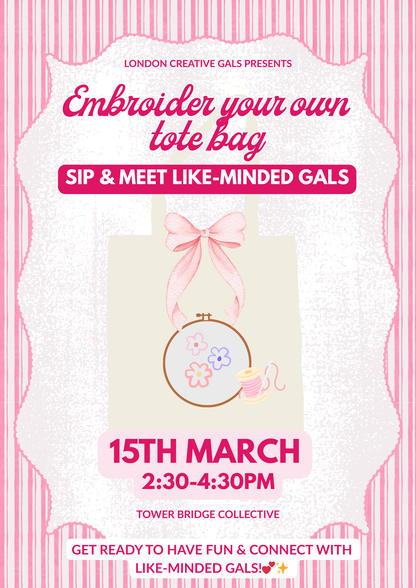 Embroider your own tote bag, sip & meet new friends!