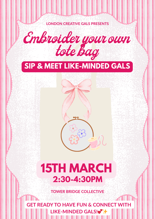 Embroider your own tote bag, sip & meet new friends!