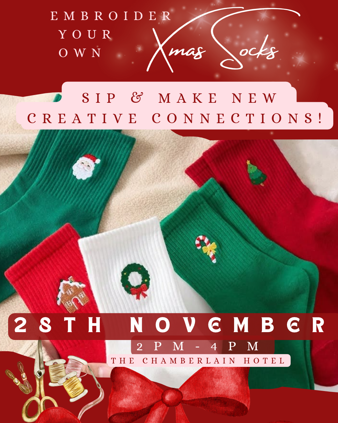 Embroider your own Xmas Socks, sip & meet new friends!