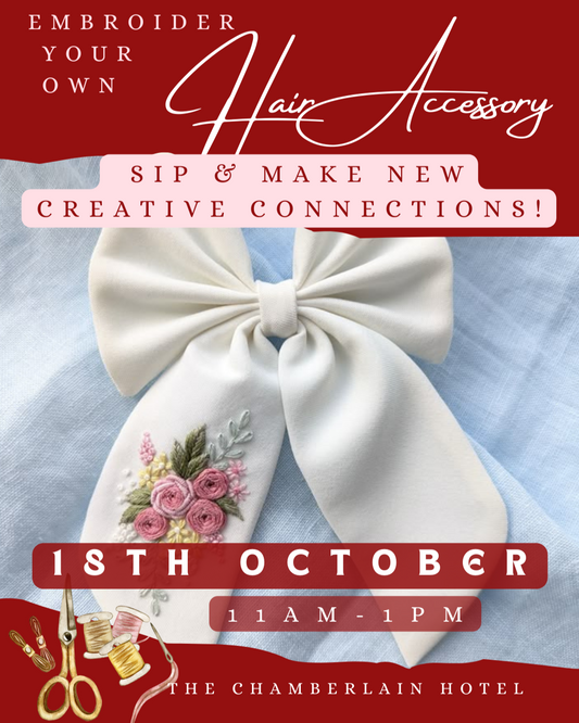 Embroider your own hair accessory, sip & meet new friends!