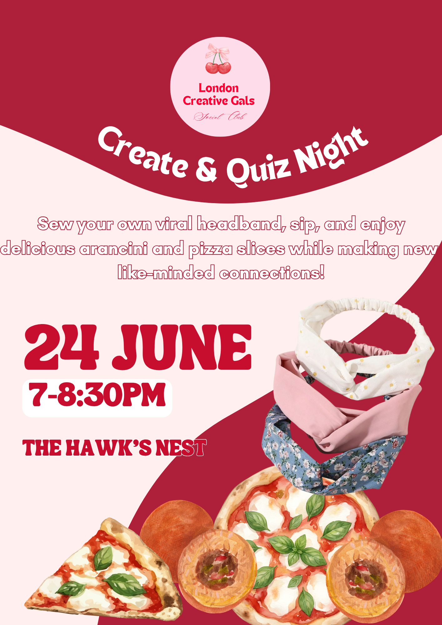 Create & Quiz night: sew you own viral head band, indulge in delicious arancini and pizza slices & make new friends! (plus one extra headband sewing kit to take home!)